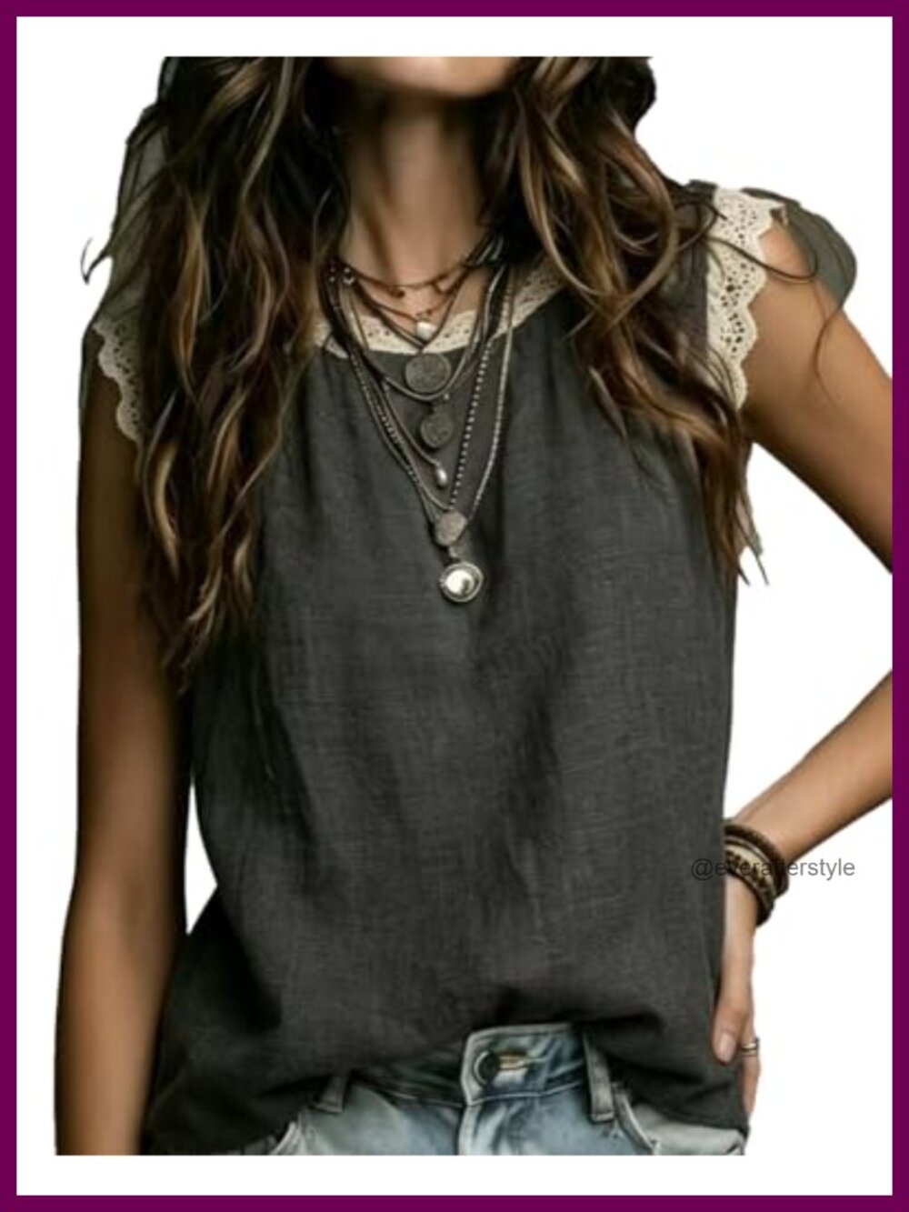 Womens Lace Trim Tank Top Sleeveless Boho Peasant Blouse Crew Neck Loose Fit